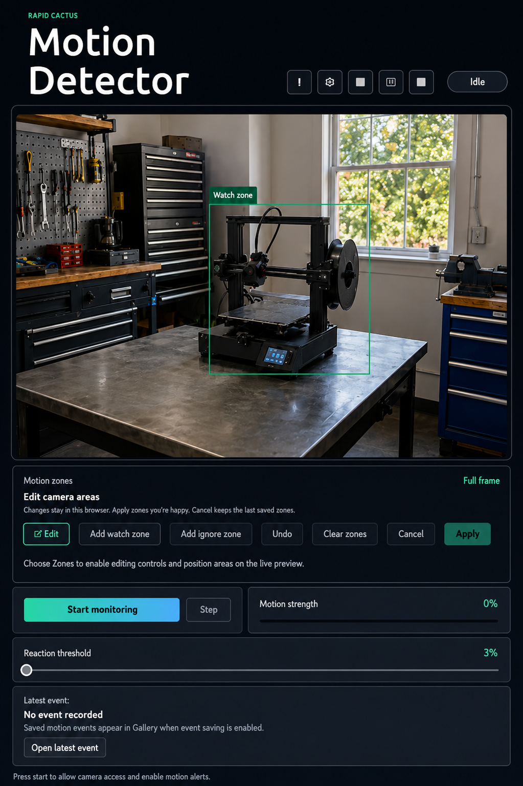Rapid Cactus Motion Detector with Watch and Ignore zones over a workshop camera preview